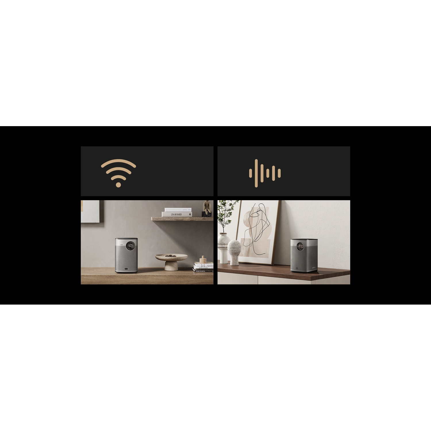 Due proiettori su legno, con icone Wi-Fi e onde sonore.