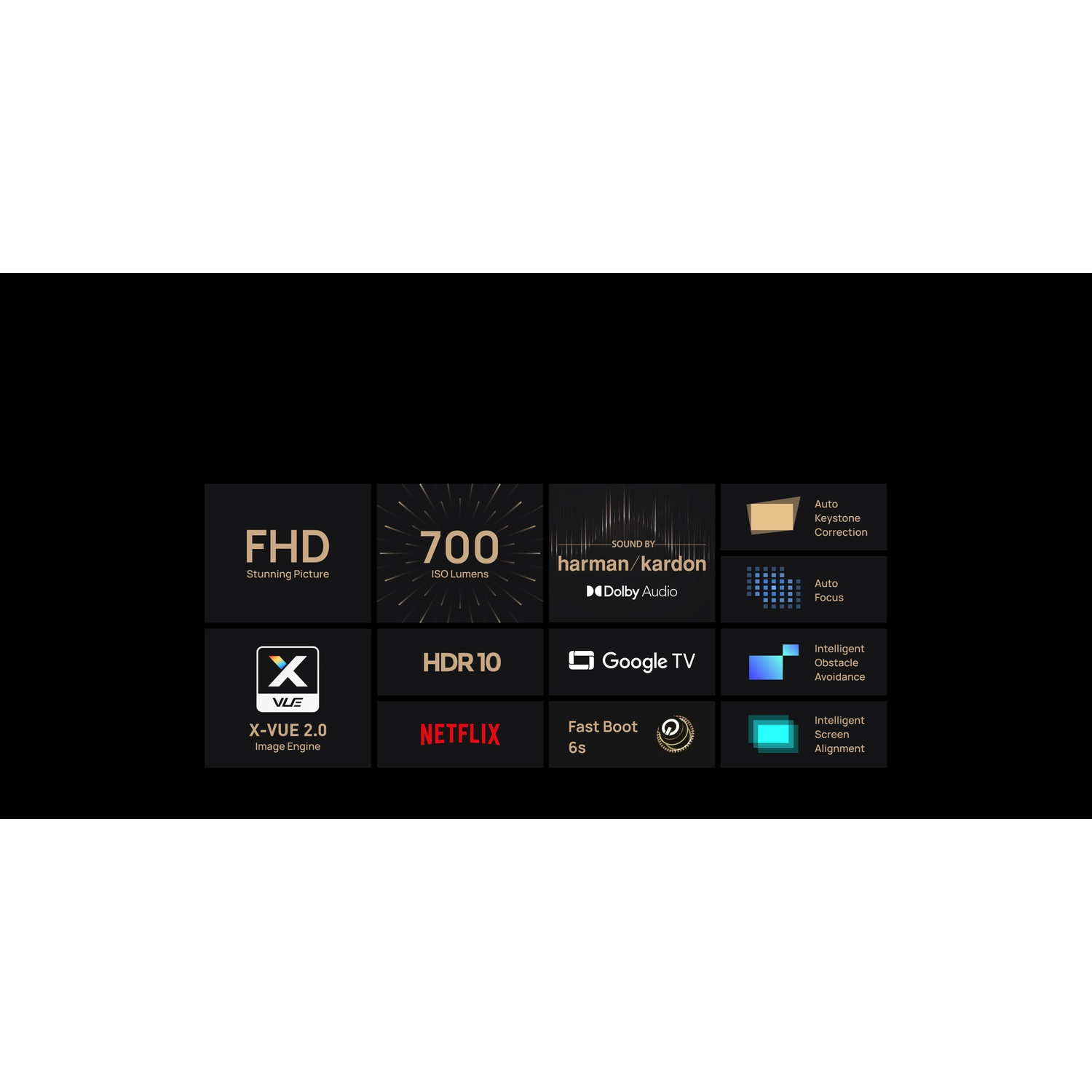 Funzionalità su sfondo nero: FHD, 700 lumen, harman/kardon, Dolby Audio, X-VUE 2.0, HDR 10, Netflix, Google TV, Fast Boot.