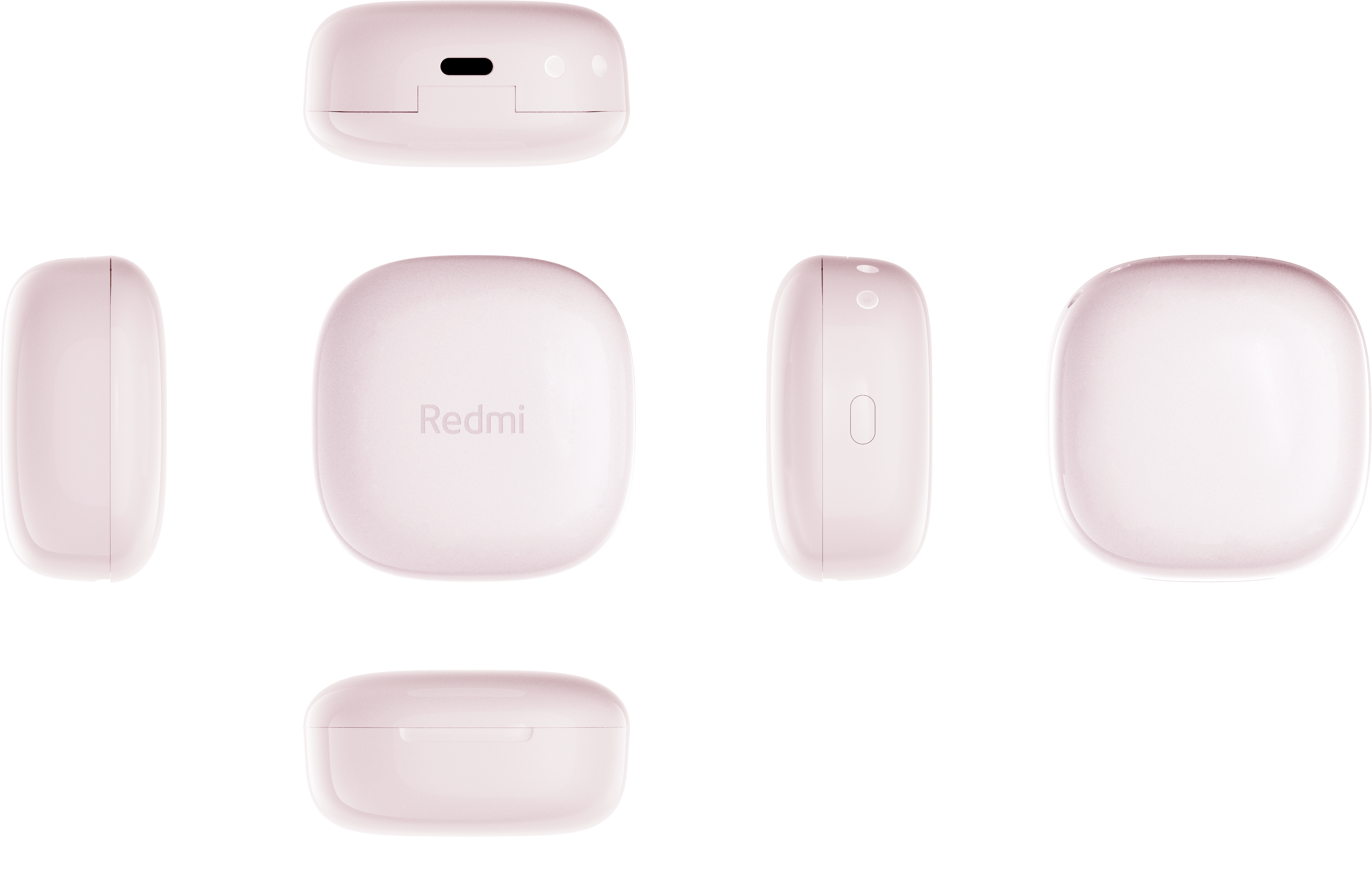 Rózsaszín fülhallgató tok Redmi logóval, különböző nézetek. Fekete háttér.