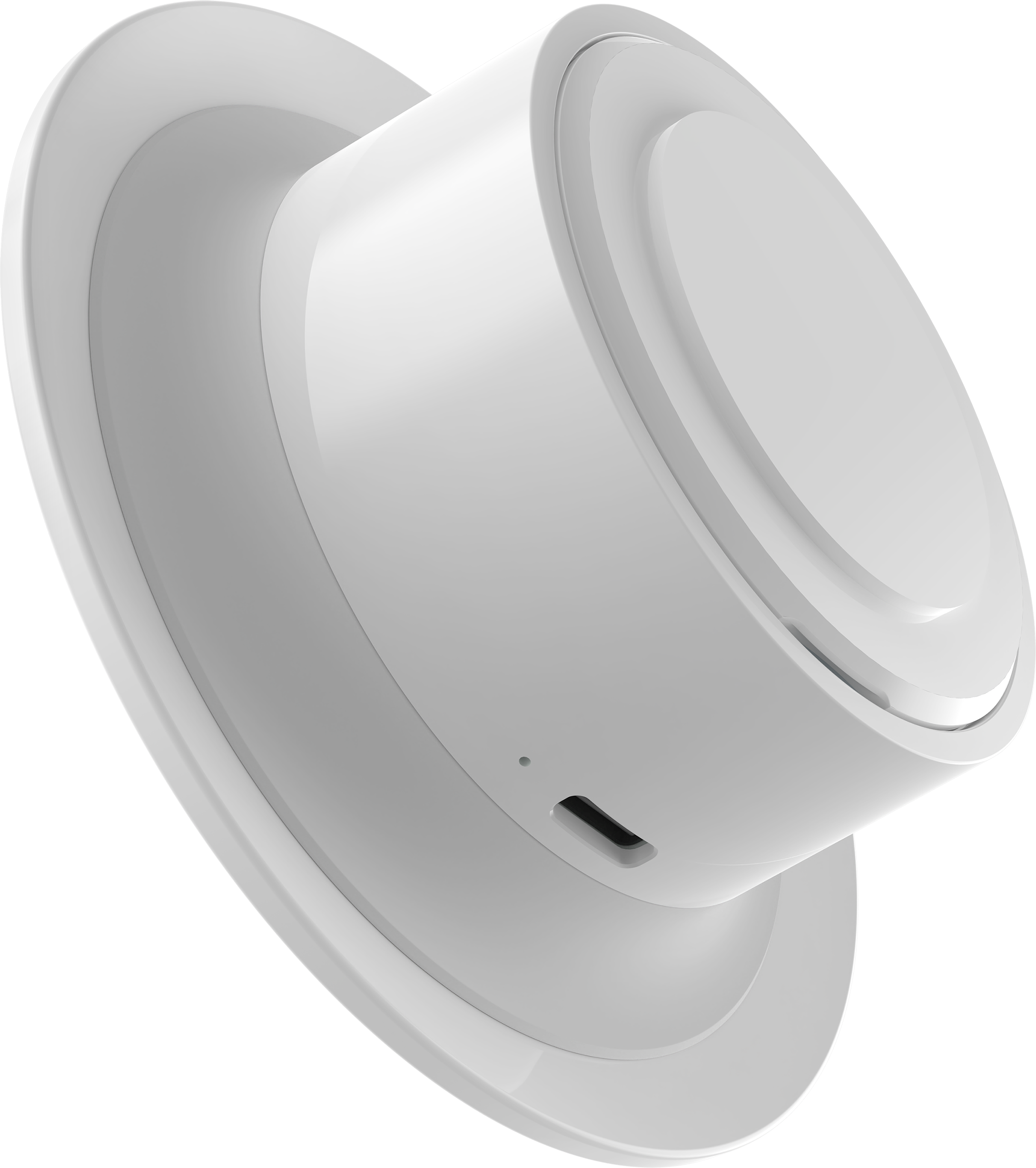 Fehér töltőállomás. Szögletes nézet. USB port alul. Fekete háttér.