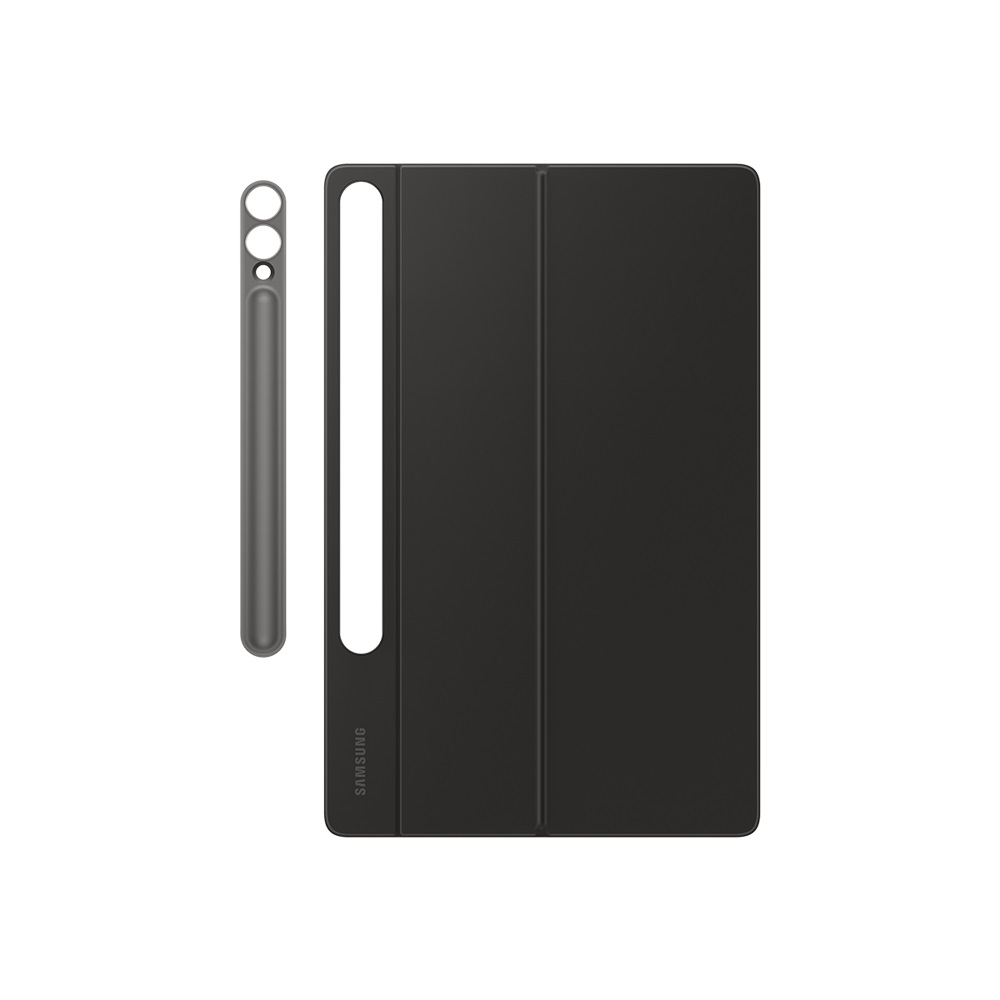 Beyaz zemin üzerinde siyah tablet kılıfı ve kalem.