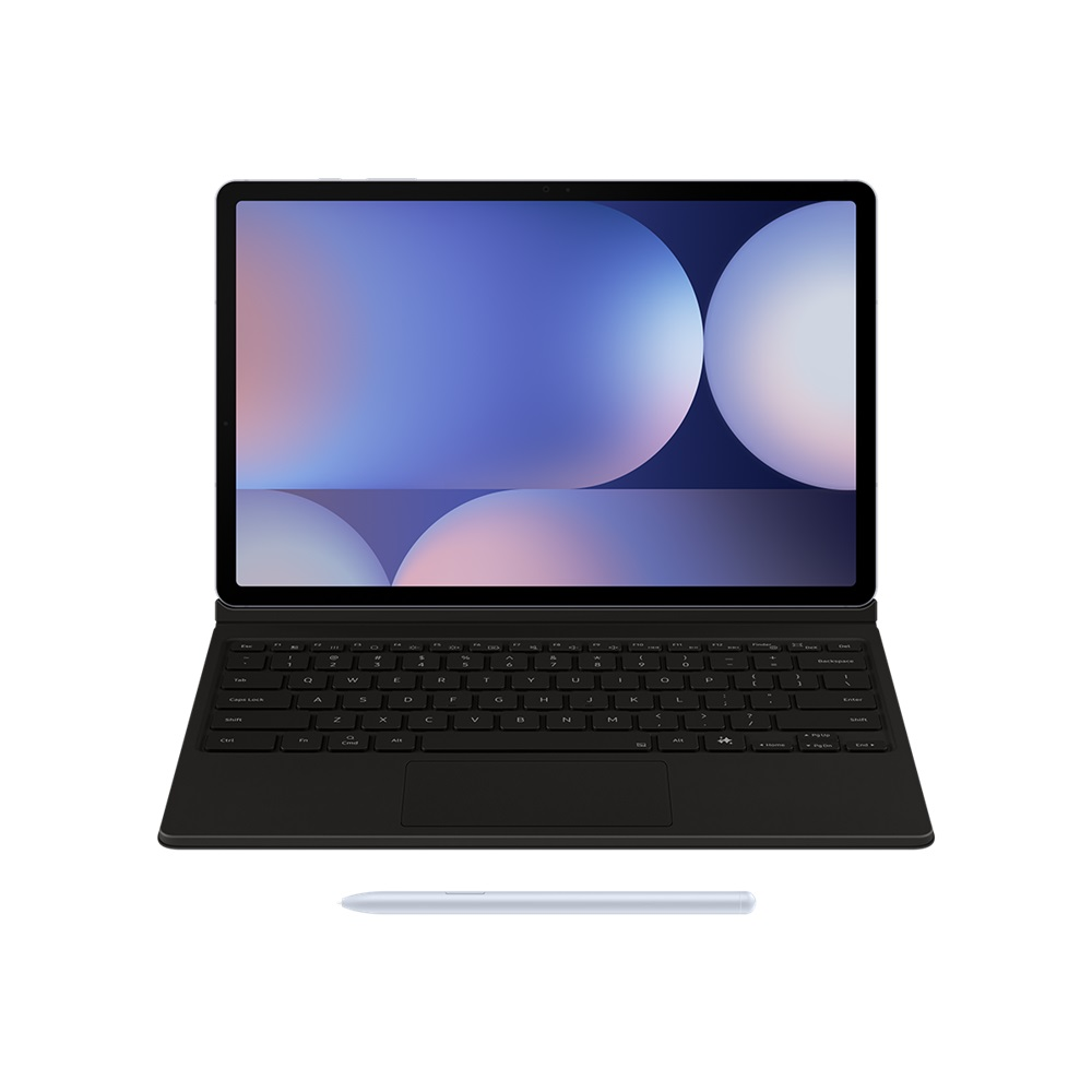 Klavyeli ve kalemli siyah bir tablet. Ekran, renkli, soyut bir arka plan görüntüler.