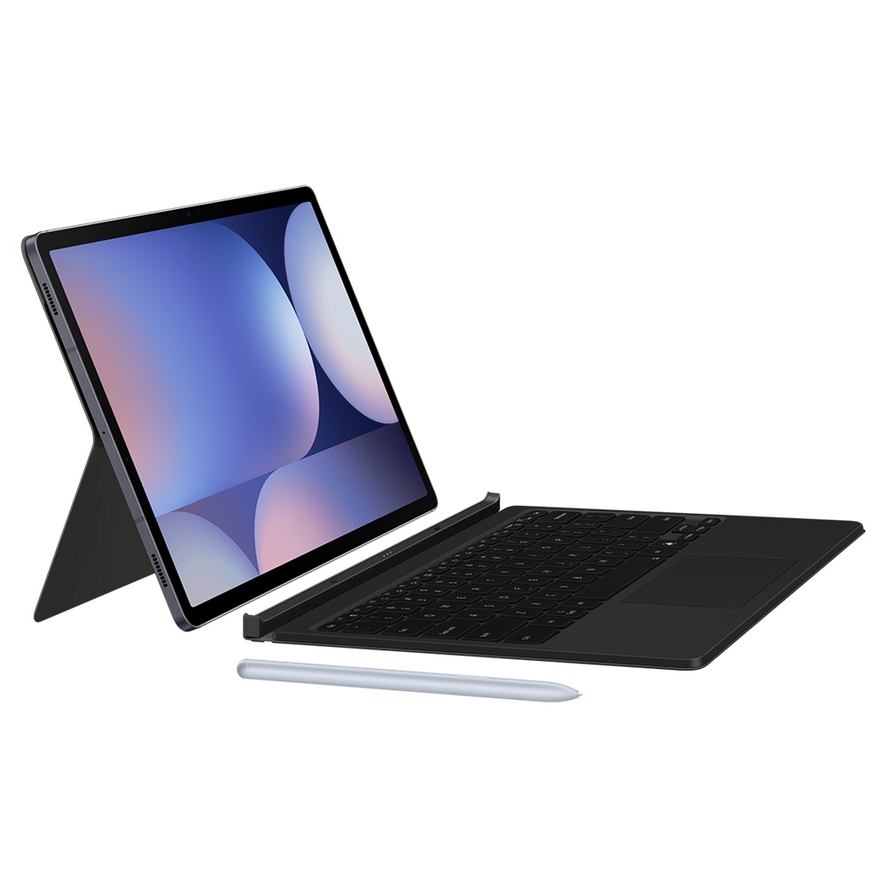 Beyaz bir arka plan üzerinde, hepsi siyah renkte bir tablet, klavye ve kalem.