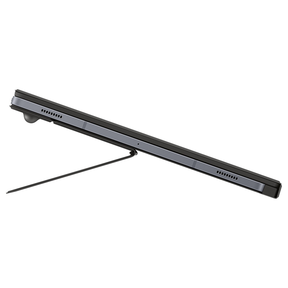 Siyah tablet, stand, yan görünüm, gri çerçeve ve arka.