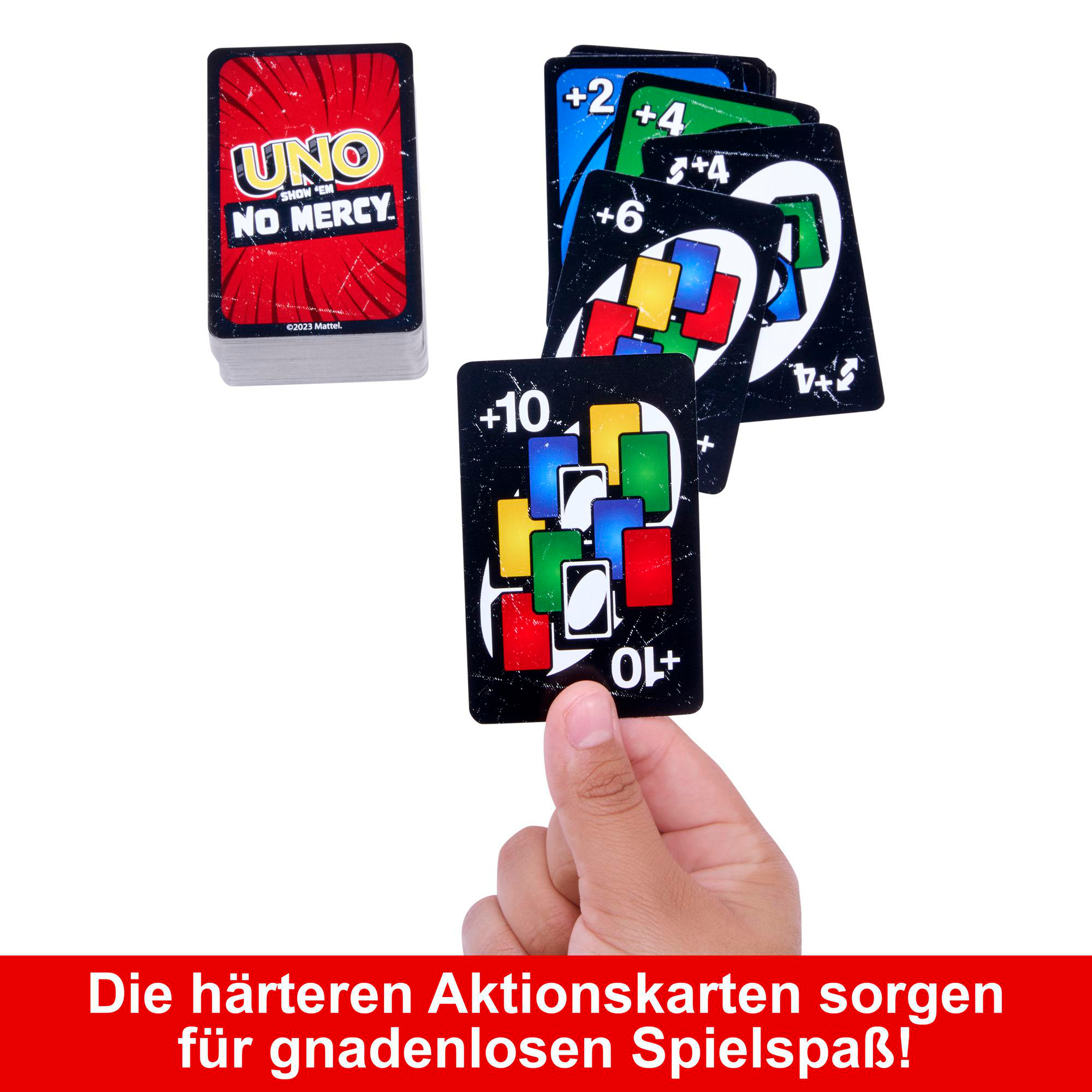 Eine Hand hält Uno-Karten, verschiedene Karten werden gezeigt. Text: Die Aktionskarten sorgen für gnadenlosen Spaß!