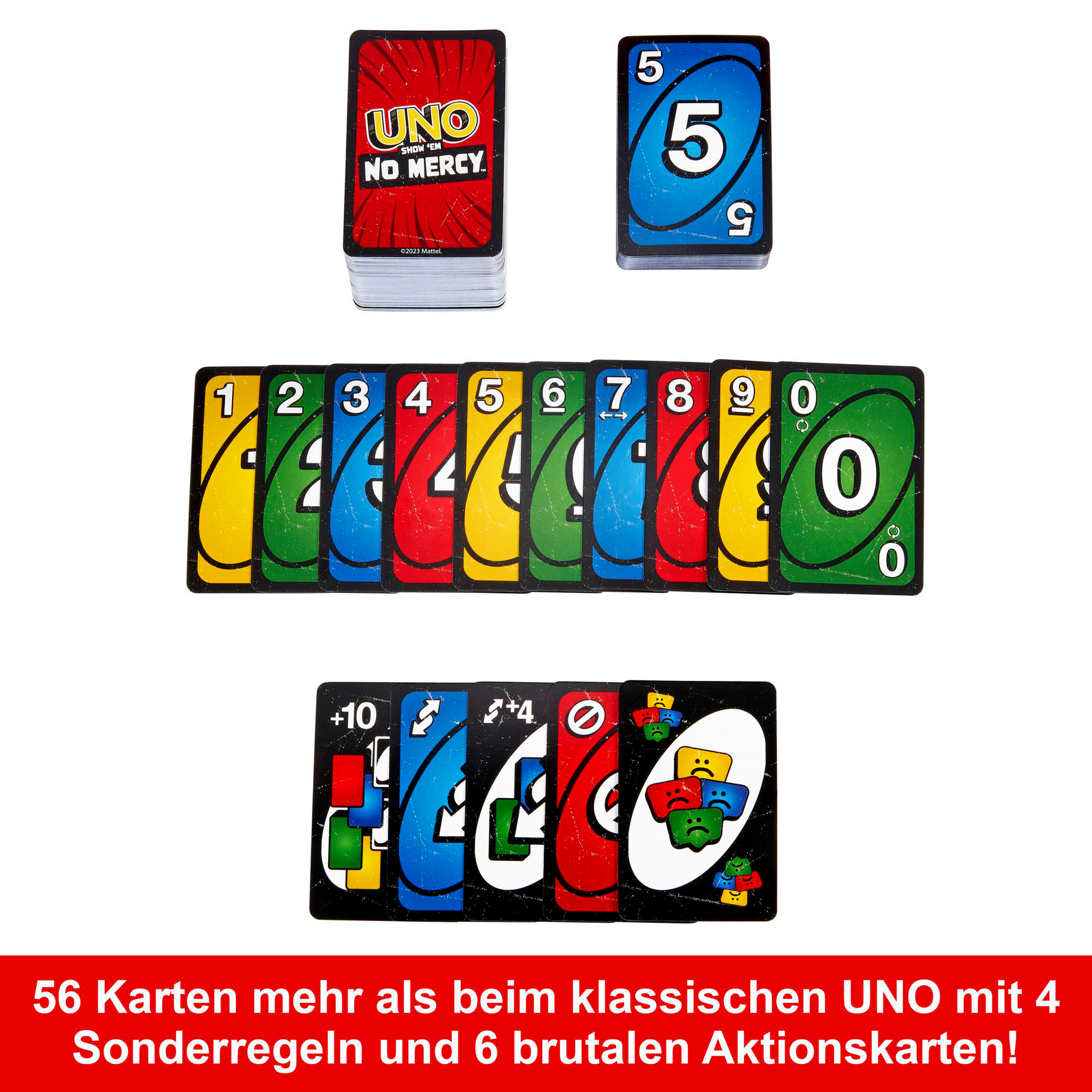 UNO-Kartenspiel mit verschiedenen farbigen Karten, ausgelegt und gestapelt. Text auf Deutsch.