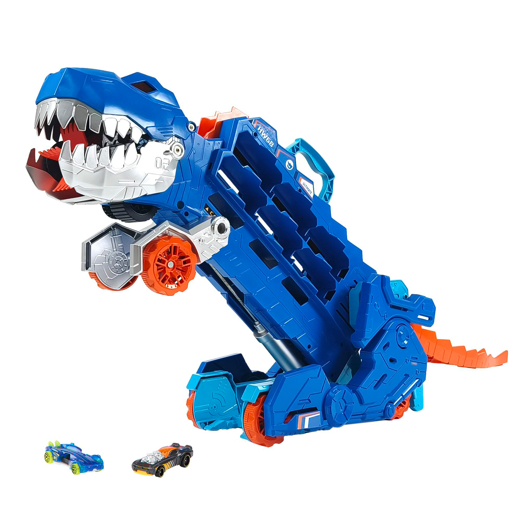 Ein blaues Spielzeug-Dinosaurier mit Autos darunter.