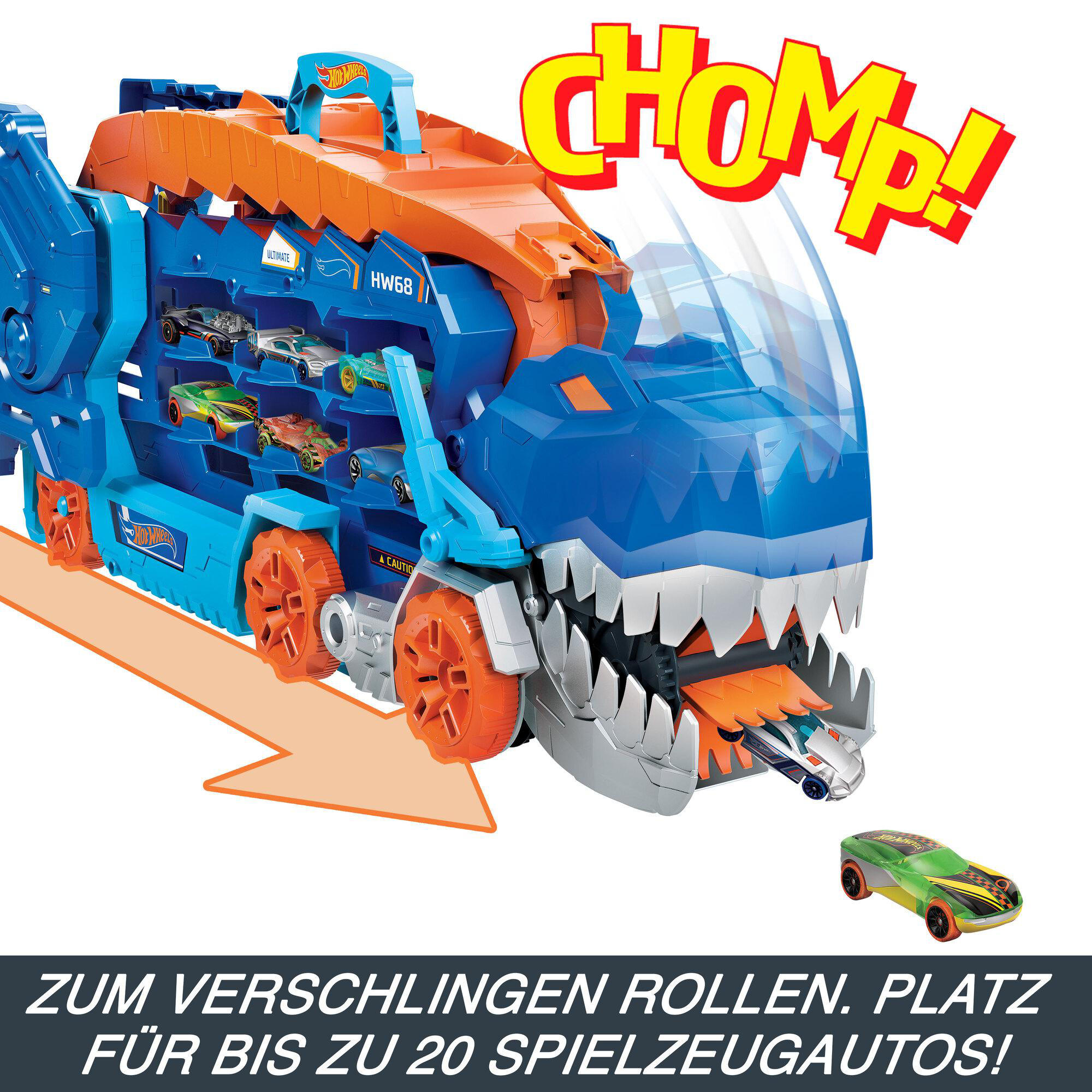 Blau-oranger Spielzeug-Lkw mit haiartigen Merkmalen und Spielzeugautos im Inneren, mit Text "CHOMP!".