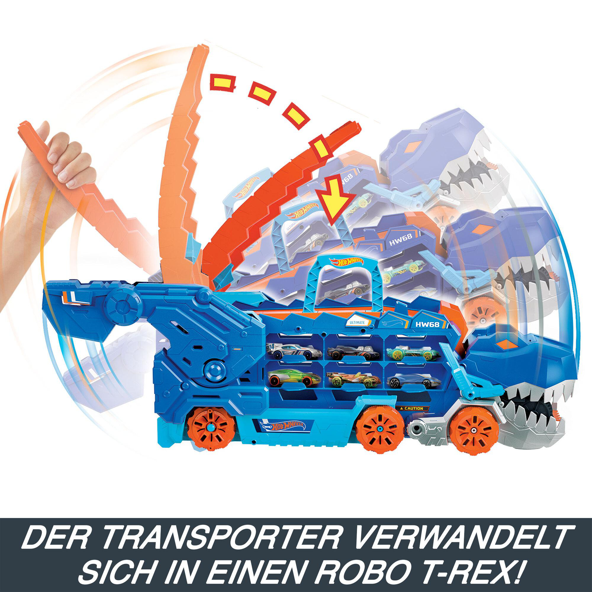 Ein Hot Wheels T-Rex-Autotransporter-Spielzeug verwandelt sich in einen Roboter.