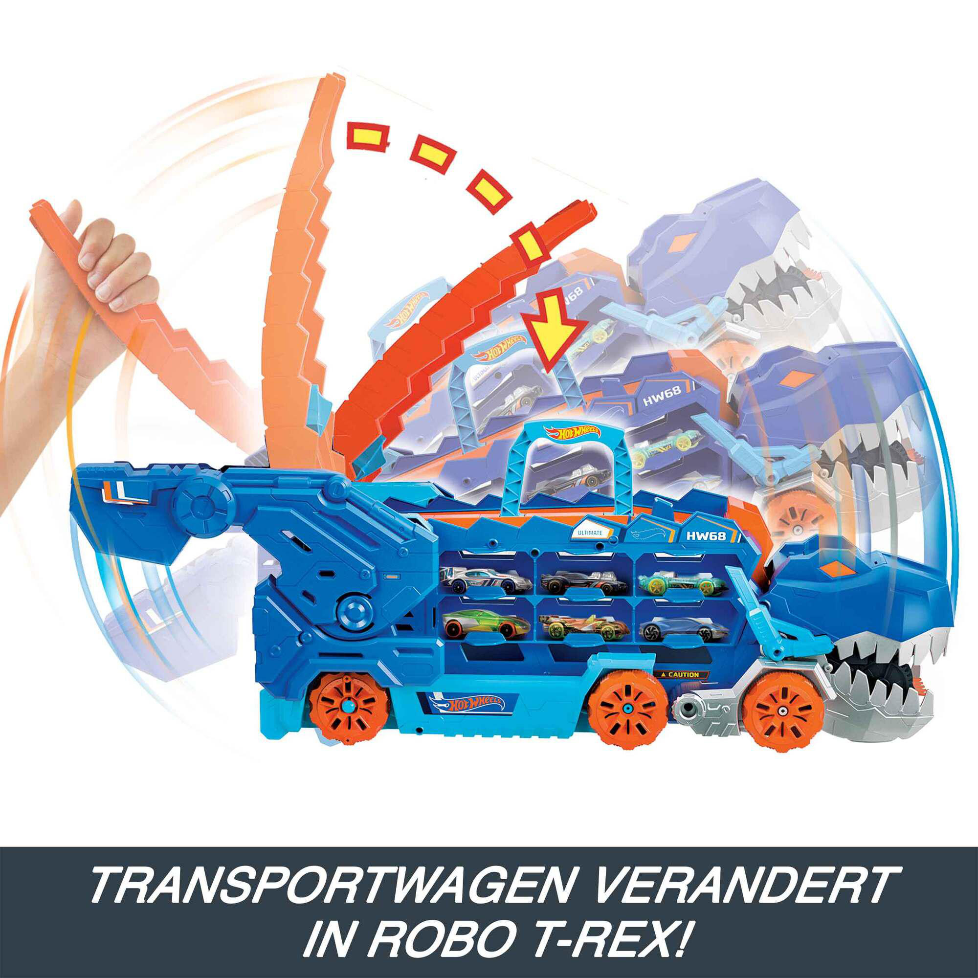 Ein blauer Spielzeug-LKW verwandelt sich in einen Roboter-T-Rex, zeigt eine dynamische Transformation.