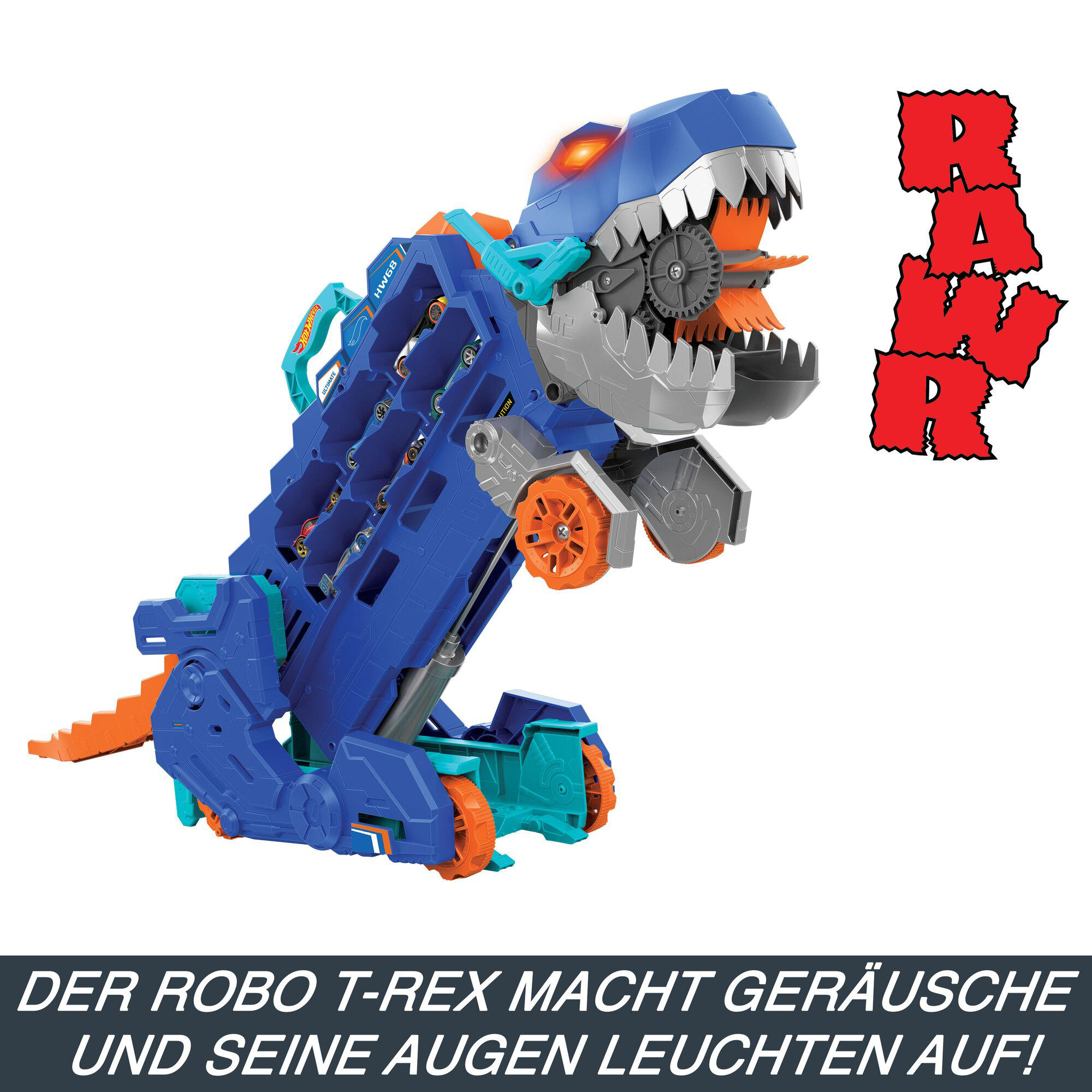 Blauer und orangefarbener Spielzeug-Dinosaurier mit rotem 'RAW'.