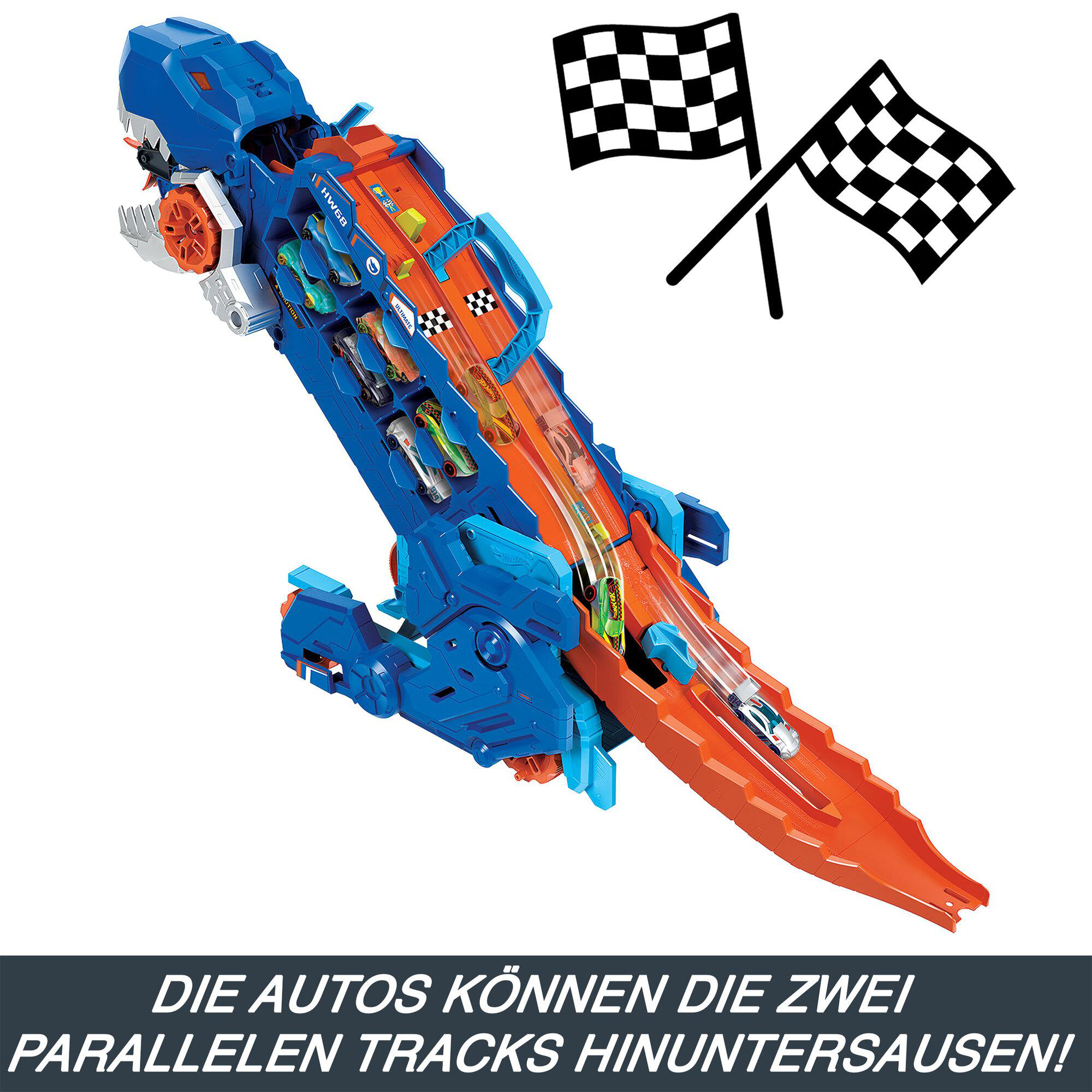 Eine Spielzeugstrecke mit Autos, die herunterrasen, Zielflaggen oben und Text darunter.