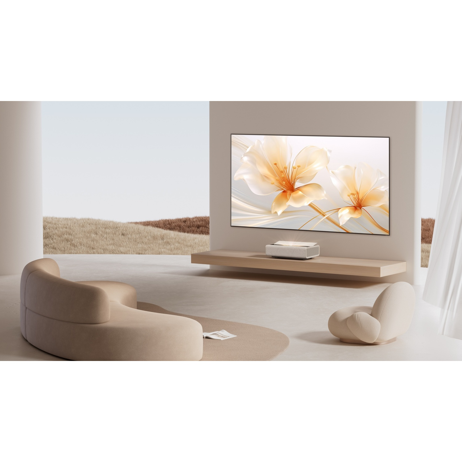 Una stanza moderna con un grande schermo TV con opere d'arte floreali.