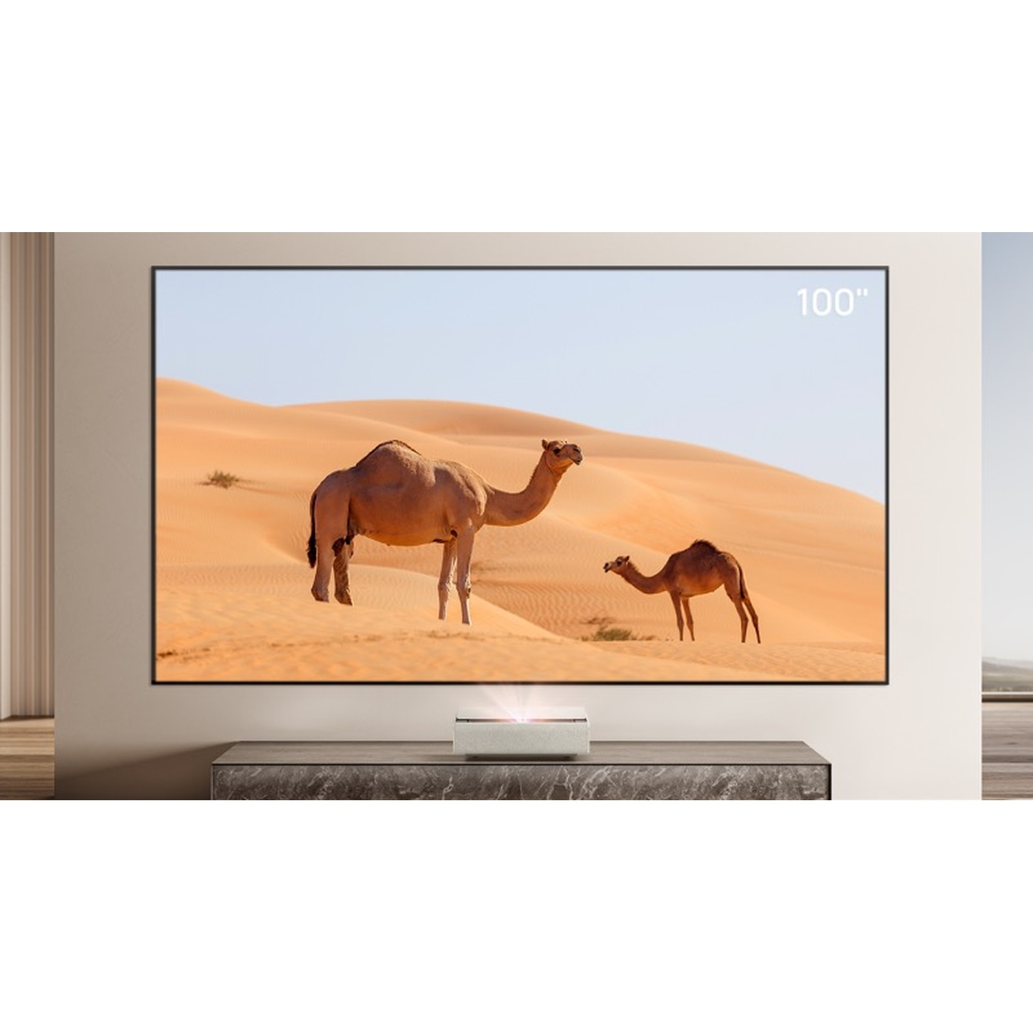 Schermo grande mostra scena deserto con cammelli. Il testo dice 100".