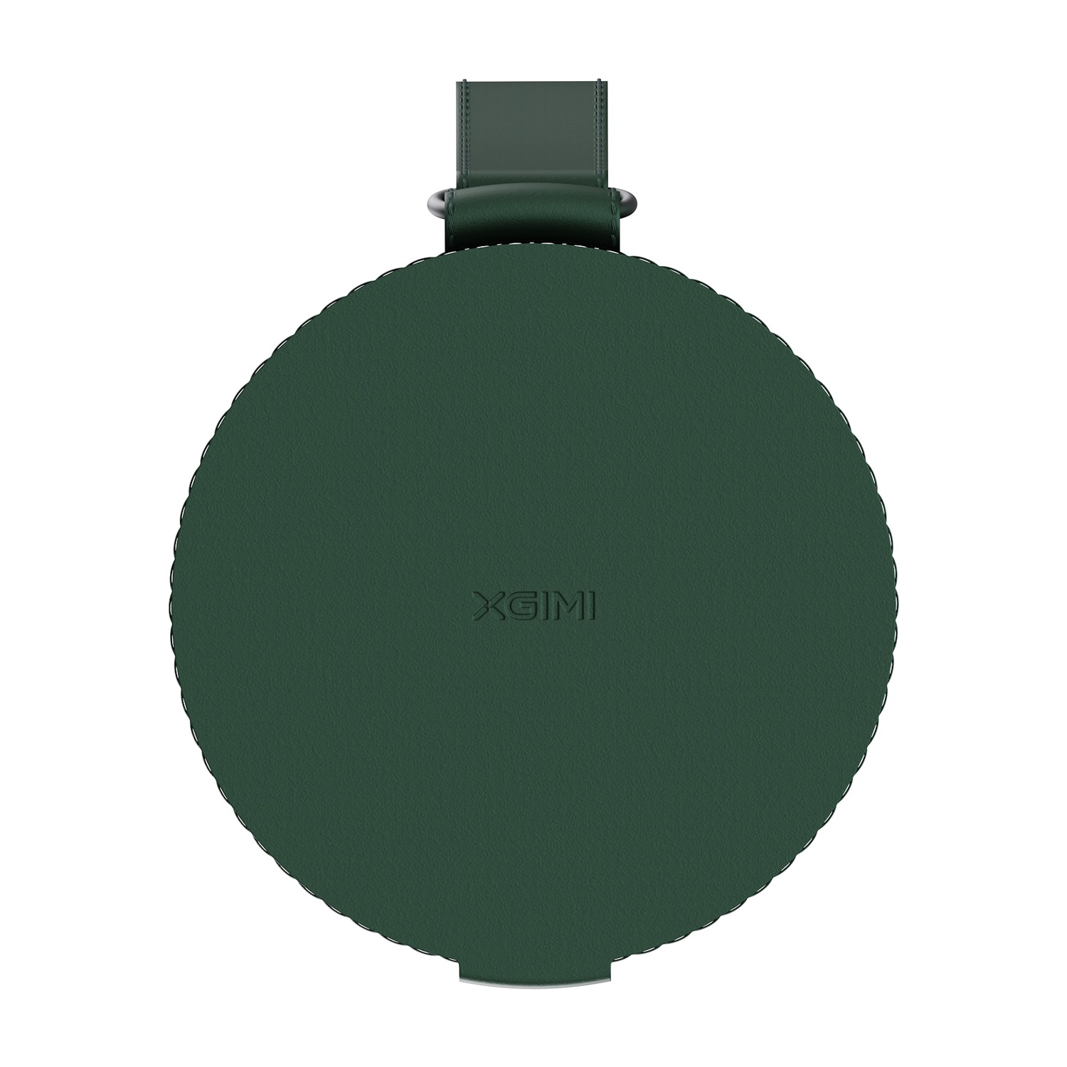 Un altoparlante verde e rotondo con il logo XGIMI. Ha una maniglia sulla parte superiore.