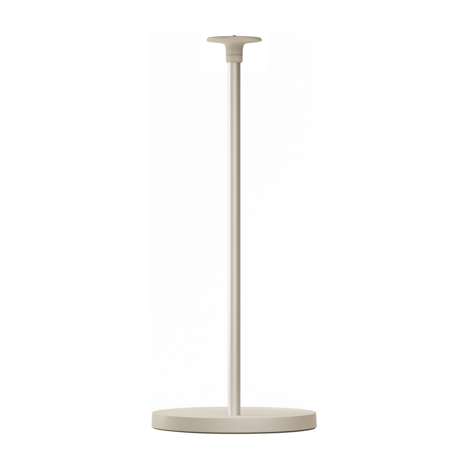 Lampada da terra beige con base rotonda, stelo lungo e parte superiore piccola.