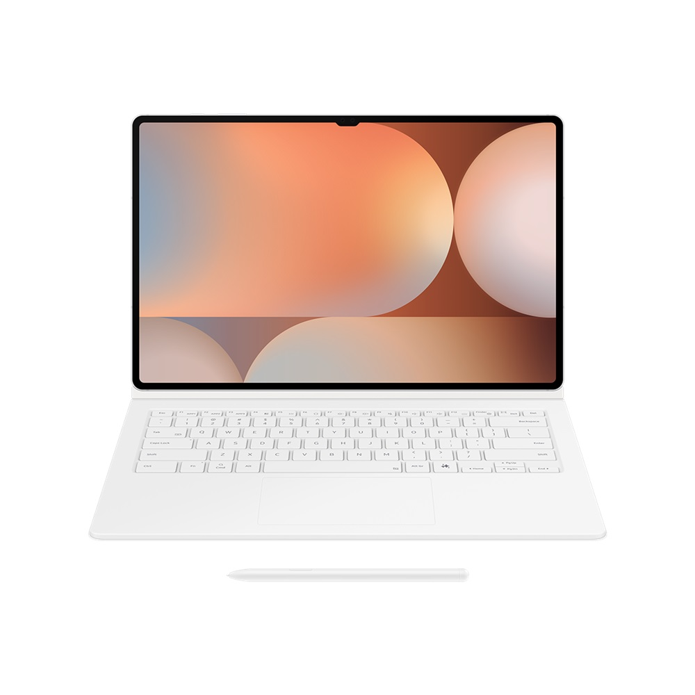 Klavyeli ve kalemli beyaz bir tablet. Ekran, turuncu ve beyaz soyut bir arka plan görüntüler.