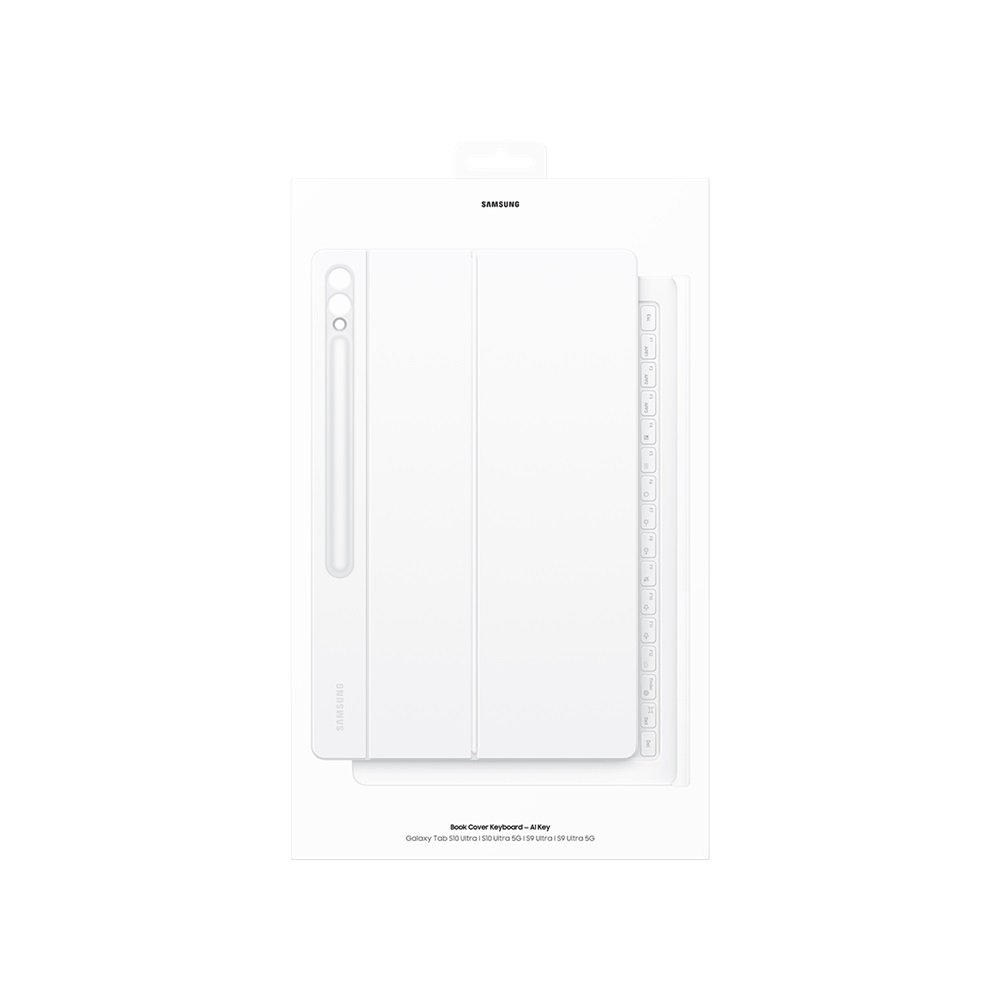 Beyaz dikdörtgen tablet kılıfı, kalem yuvası ve beyaz ambalajı ile.