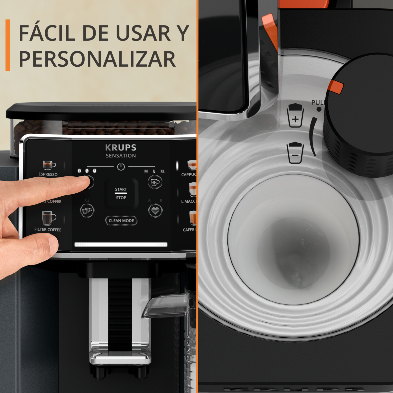 Primer plano de una cafetera, mano del usuario presionando un botón en el panel de control.