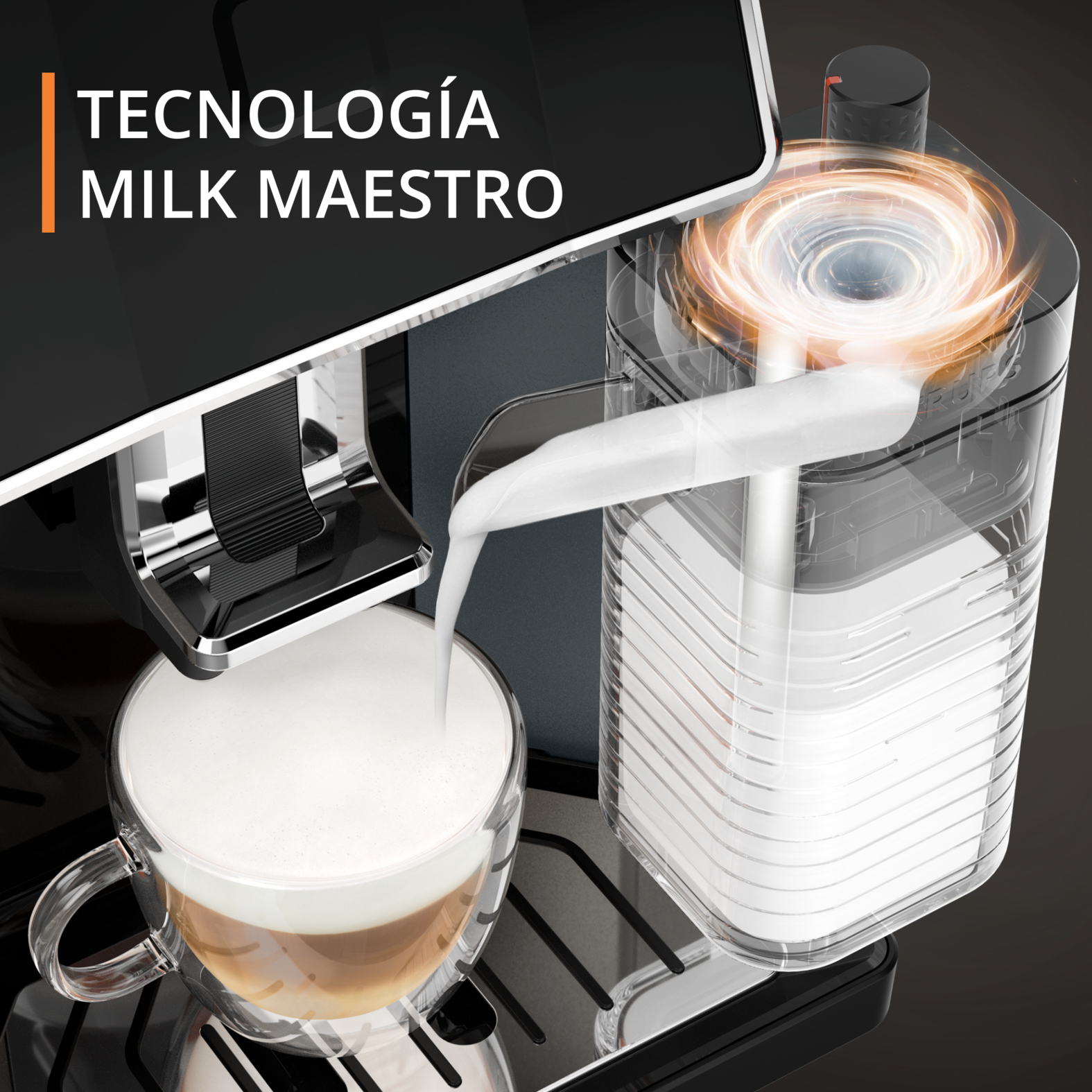 Cafetera dispensando leche en una taza de vidrio, con texto superpuesto: Milk Maestro.