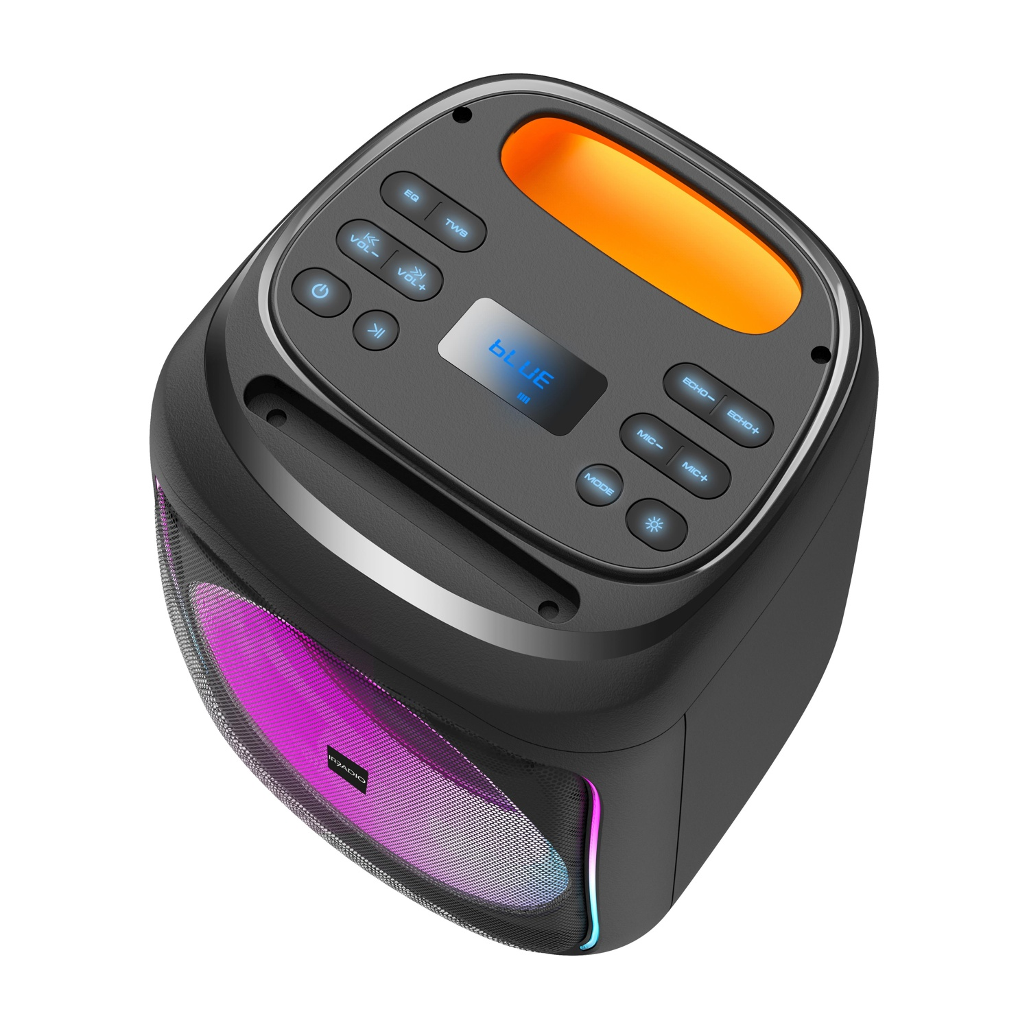 Altoparlante nero con maniglia arancione, schermo blu e display luminoso colorato.