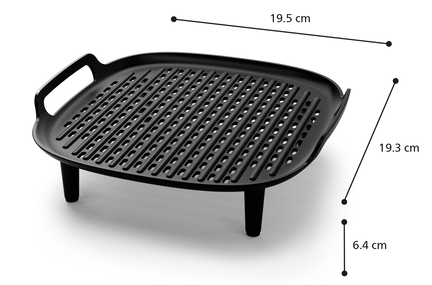 Egy fekete grill serpenyő fogantyúval, cm-ben megadott méretekkel.