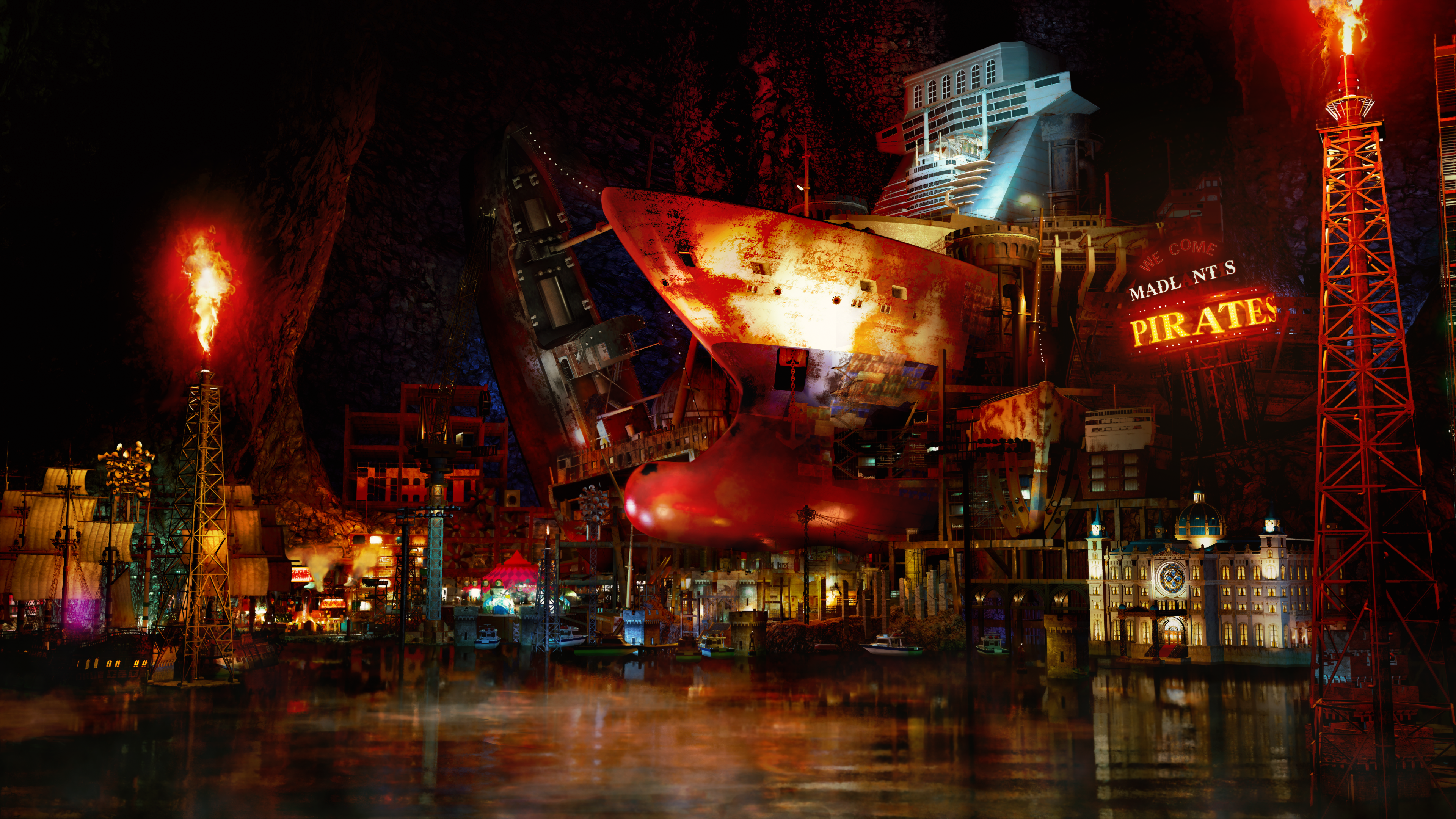 Eine dunkle, theatralische Piratenszene mit Schiff, Flammen und Wasserspiegelung.