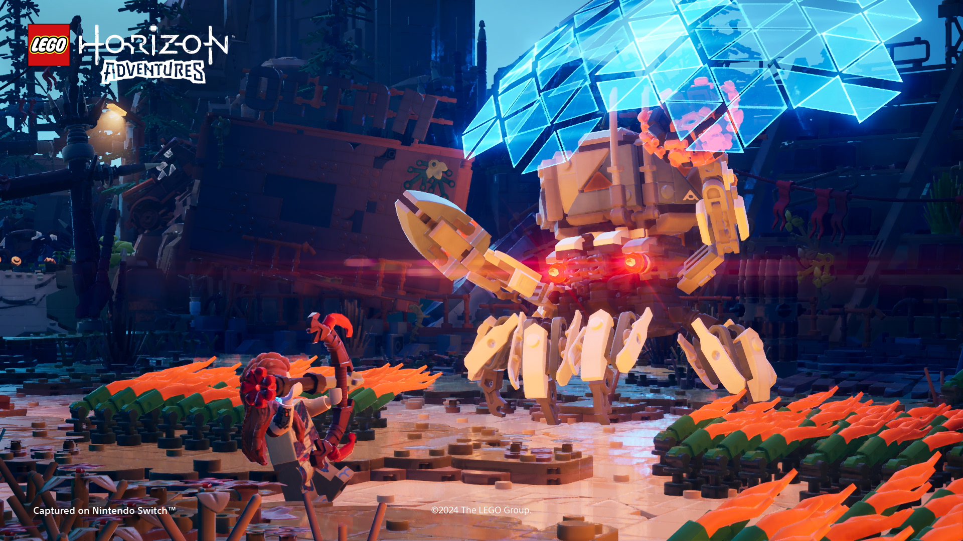 Lego Horizon Adventures Szene: Ein Lego-Roboter kämpft in einem Wald gegen eine Lego-Figur.
