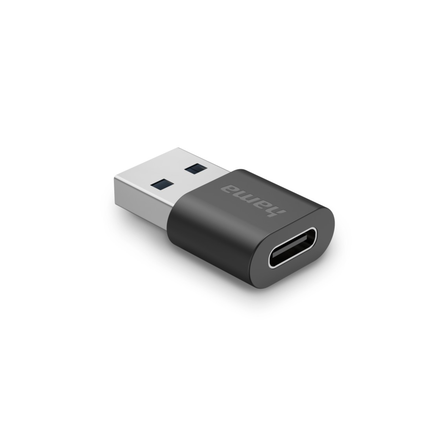 Adaptateur noir USB-C vers USB-A sur fond blanc.