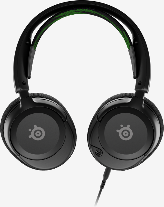 Cuffie da gaming nere e verdi con cavo. I padiglioni sono neri, l'archetto è verde.