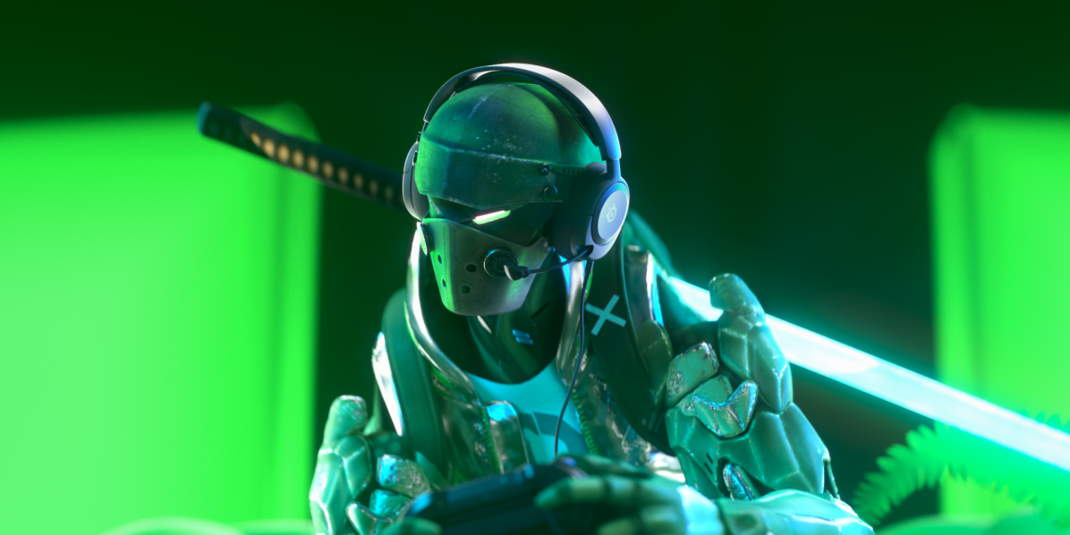 Giocatore in equipaggiamento sci-fi con cuffie, tiene un controller, sfondo verde neon.