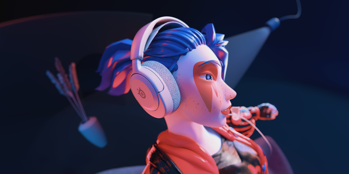 Una ragazza gamer in stile cartone animato con cuffie, cuffie e un microfono.