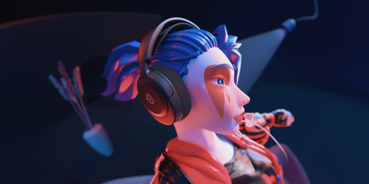Personaggio dei cartoni animati con cuffie, capelli blu, dettagli rossi.