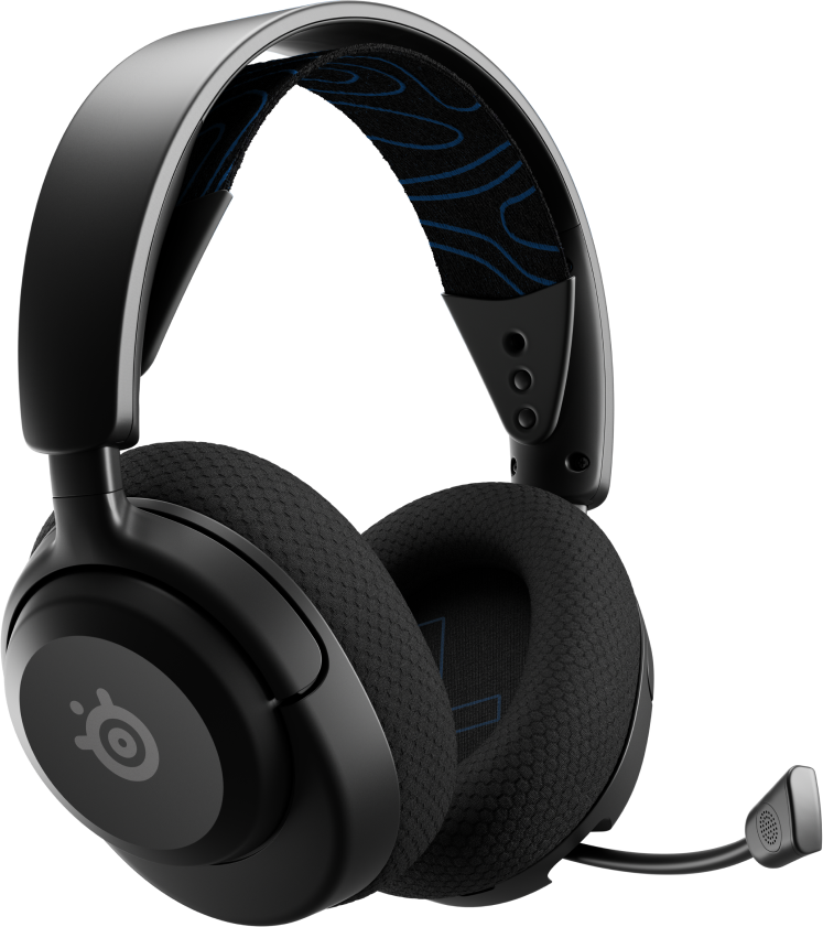 Casque de jeu noir avec micro, avec des touches de bleu et des logos.