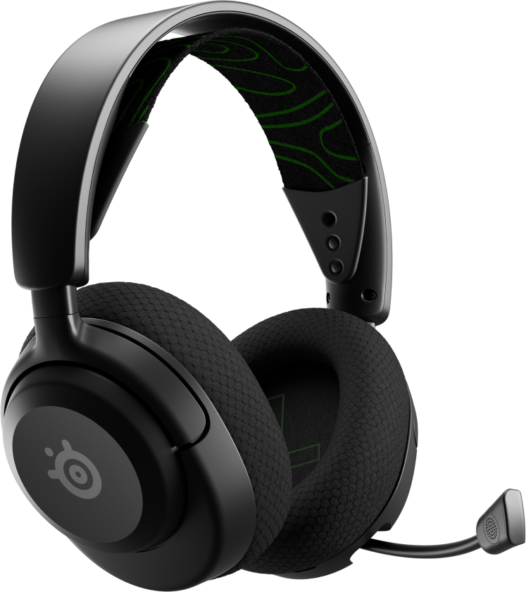 Schwarzes Gaming-Headset mit Mikrofon, mit dem SteelSeries-Logo, weißer Hintergrund.