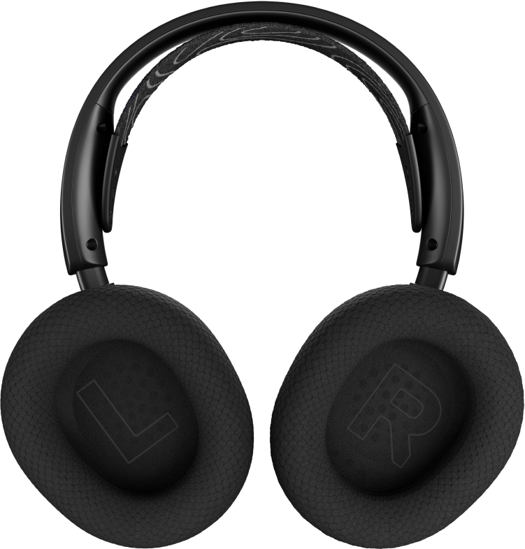 Casque noir avec marquages L et R sur les oreillettes, sur fond noir.
