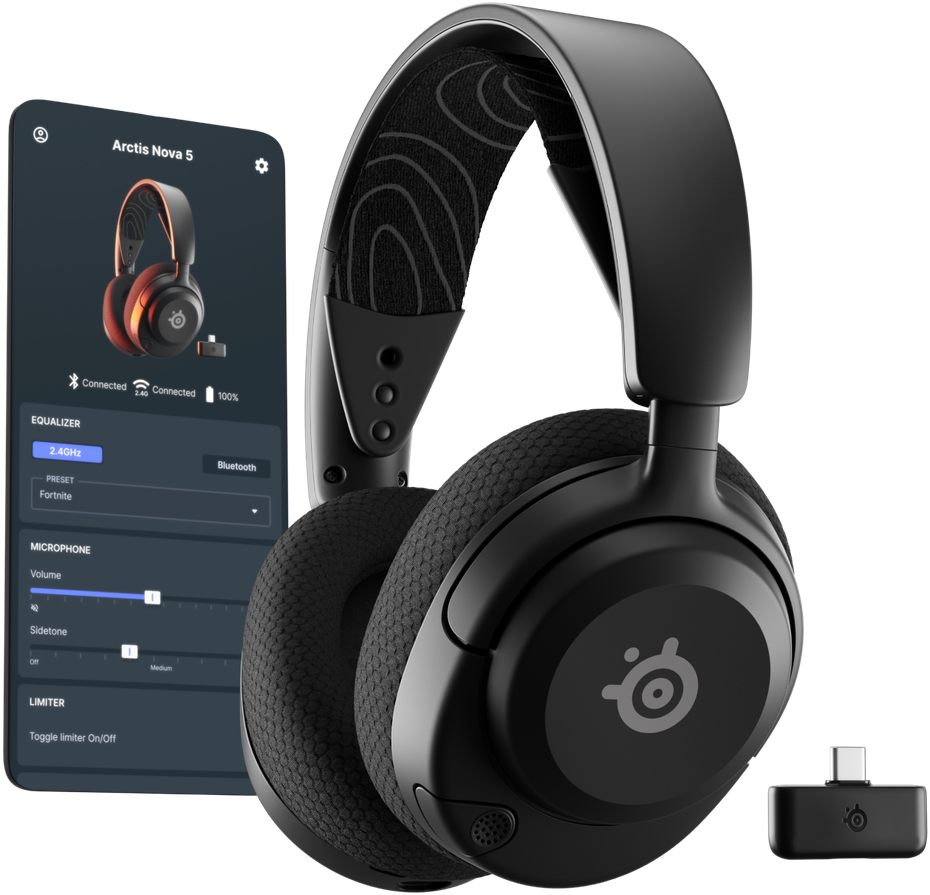 Casque noir avec interface d'application et adaptateur USB.
