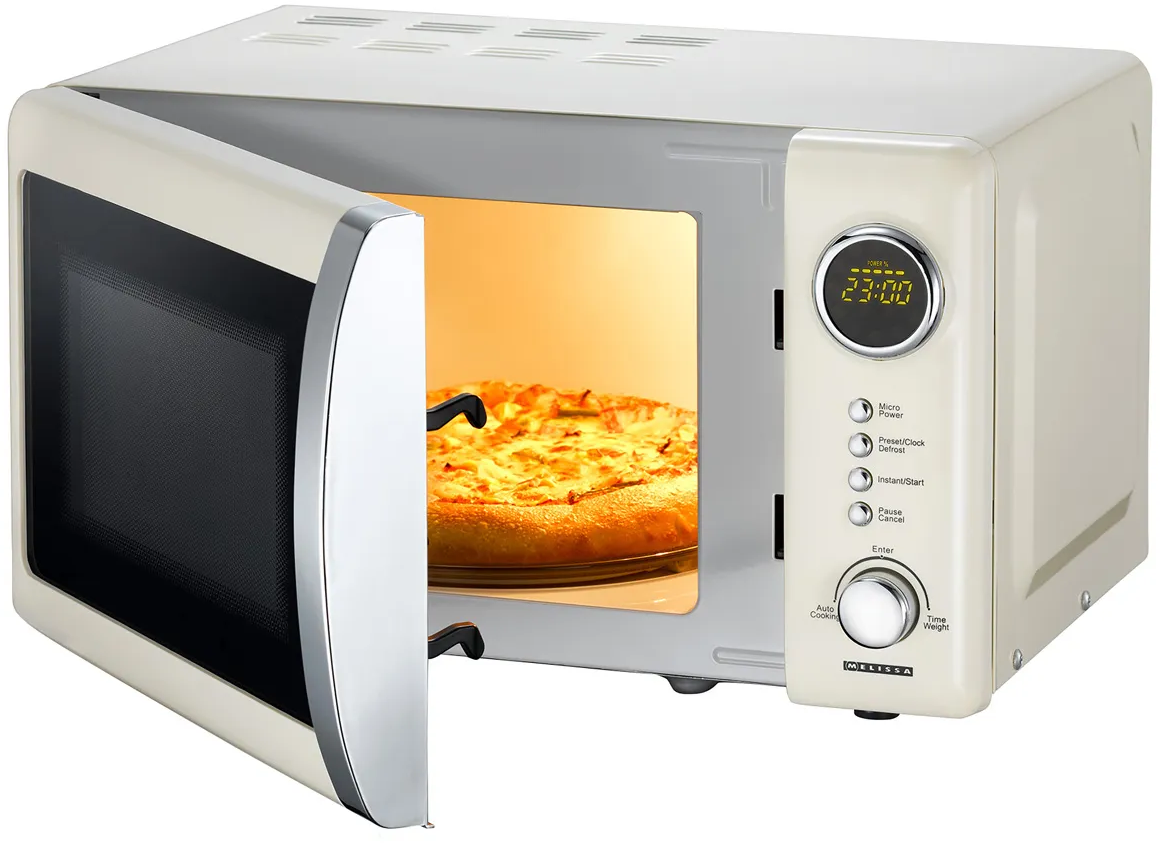 Micro-ondes beige avec porte ouverte, pizza à l'intérieur, panneau de contrôle à droite.