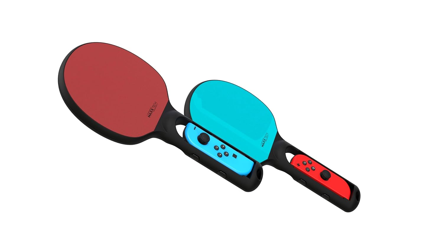 Dos paletas de ping pong unidas a mandos de Switch, roja y azul, sobre un fondo blanco.