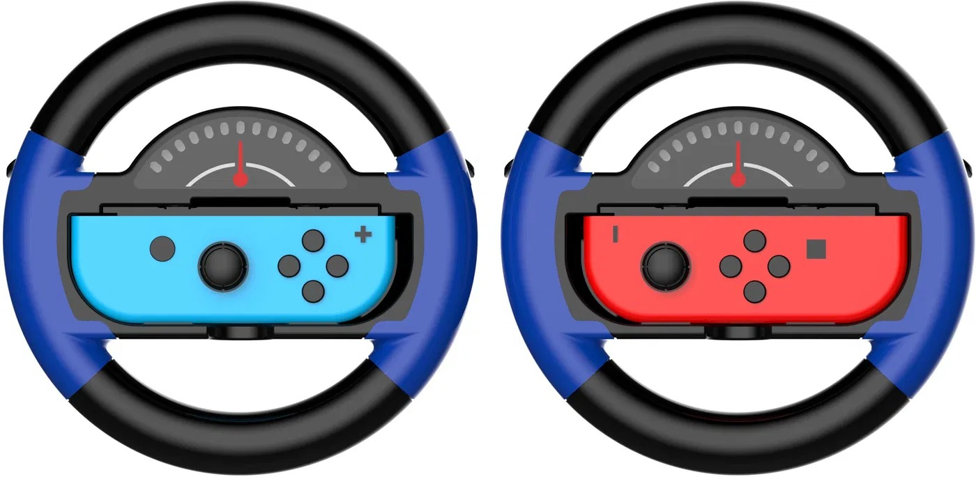 Dos controladores de volante con mandos Switch dentro, rojo y azul, sobre una superficie negra.
