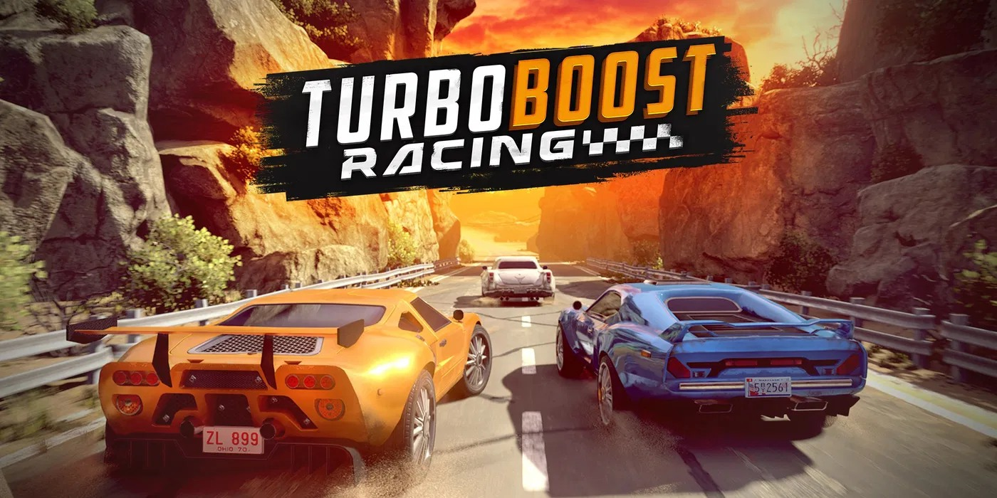 Portada de juego que muestra tres coches corriendo en una carretera con un telón de fondo montañoso.