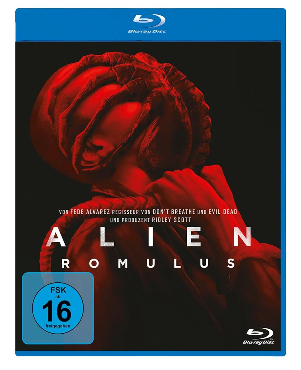 Alien Romulus Blu-ray-Cover. Ein rotes Alien-Gesicht ist der Mittelpunkt. Text und Bewertung sichtbar.