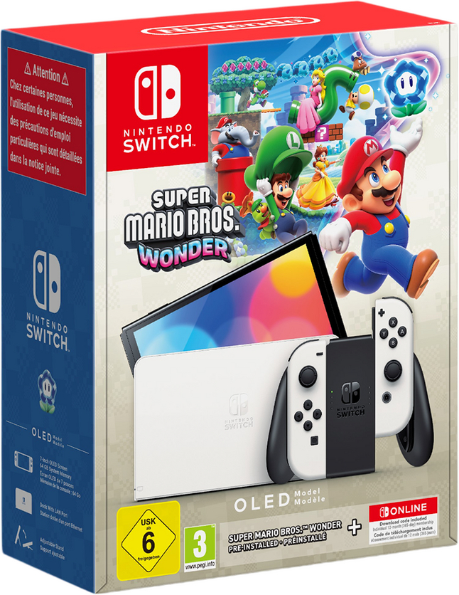 NINTENDO Switch OLED Wit + Super Mario Bros. Wonder + 12 maanden Online Lidmaatschap