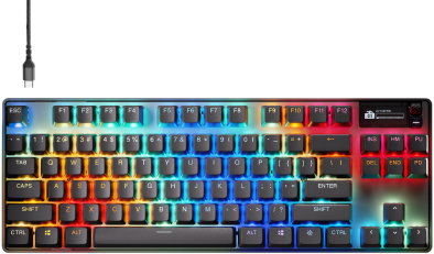 Eine regenbogenfarbene mechanische Tastatur mit schwarzen Tasten und einem angeschlossenen USB-C-Kabel.