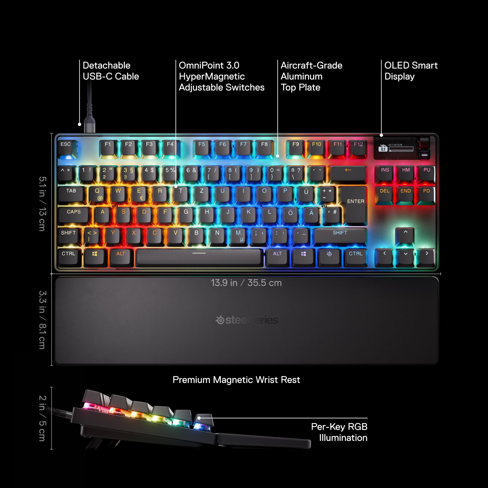Tastatur mit RGB-Lichtern, mit Beschriftungen. Zeigt Abmessungen, Funktionen und eine Handgelenkauflage.