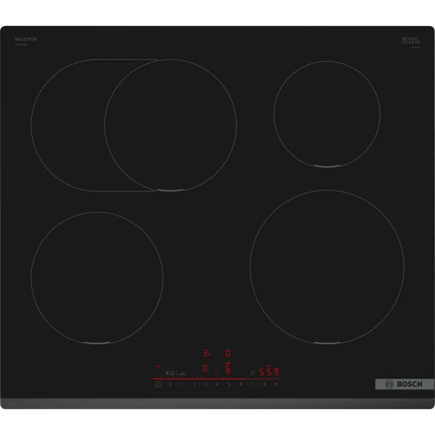 Table de cuisson à induction noire avec quatre zones de chauffe circulaires et affichage numérique.