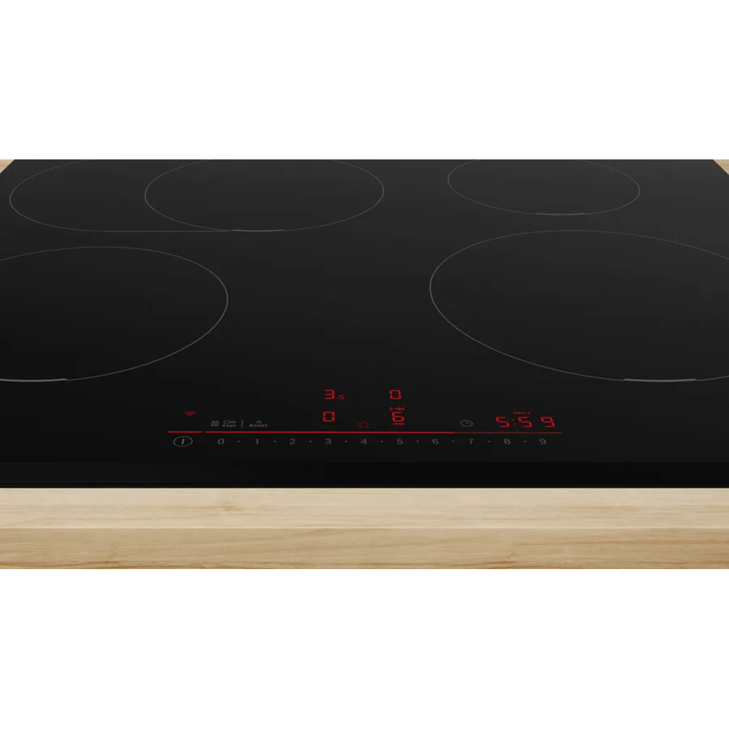 Une table de cuisson à induction noire avec commandes tactiles.