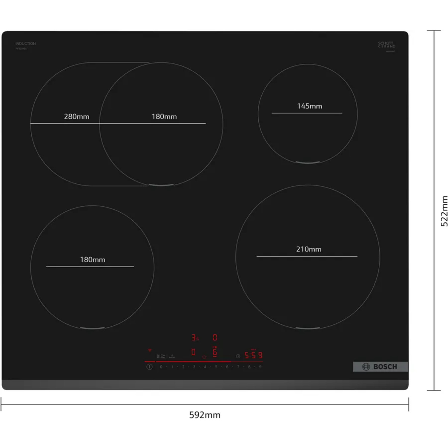 Table de cuisson à induction noire avec quatre brûleurs de tailles variées.