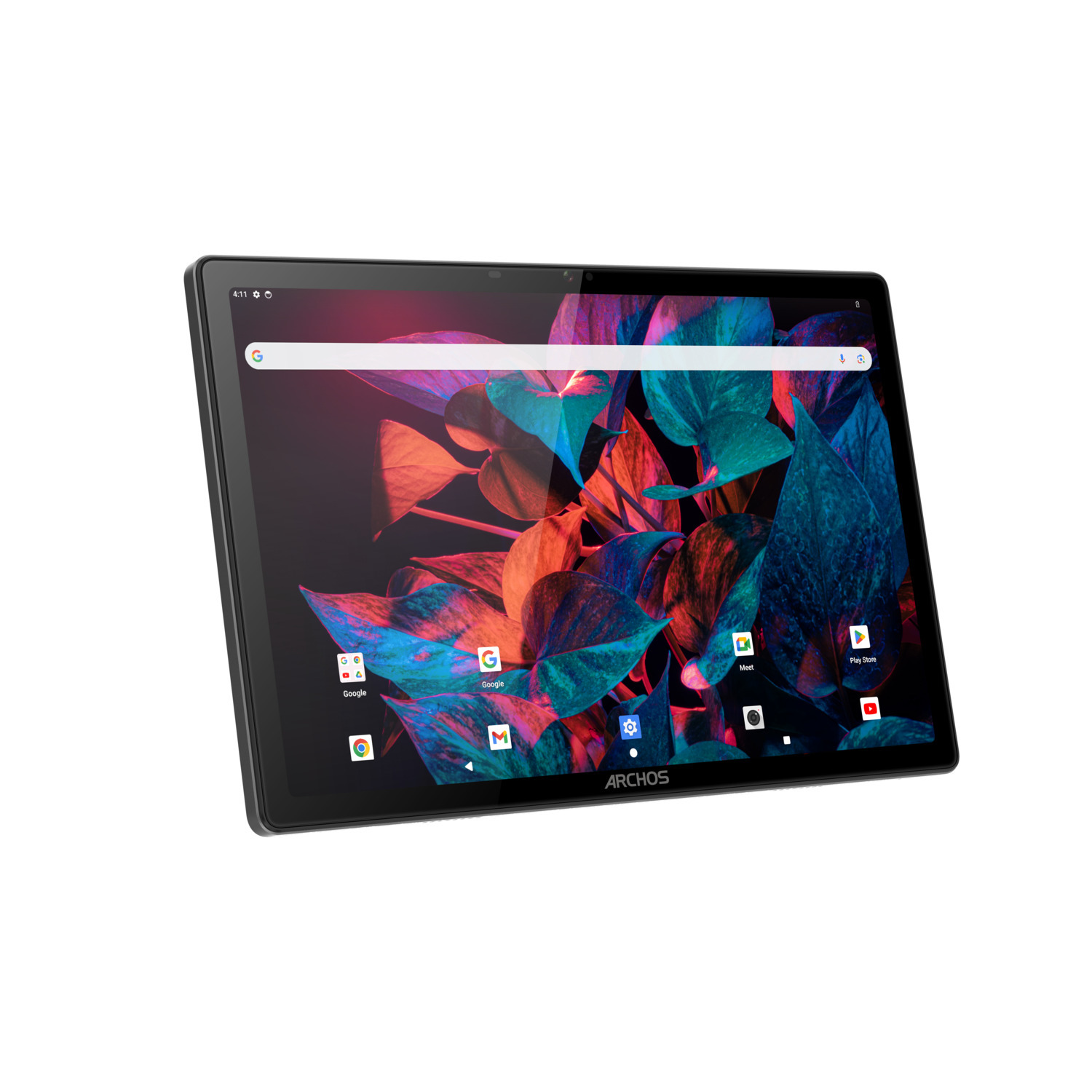 Zwarte tablet op een wit oppervlak. Scherm toont meerdere app-iconen.