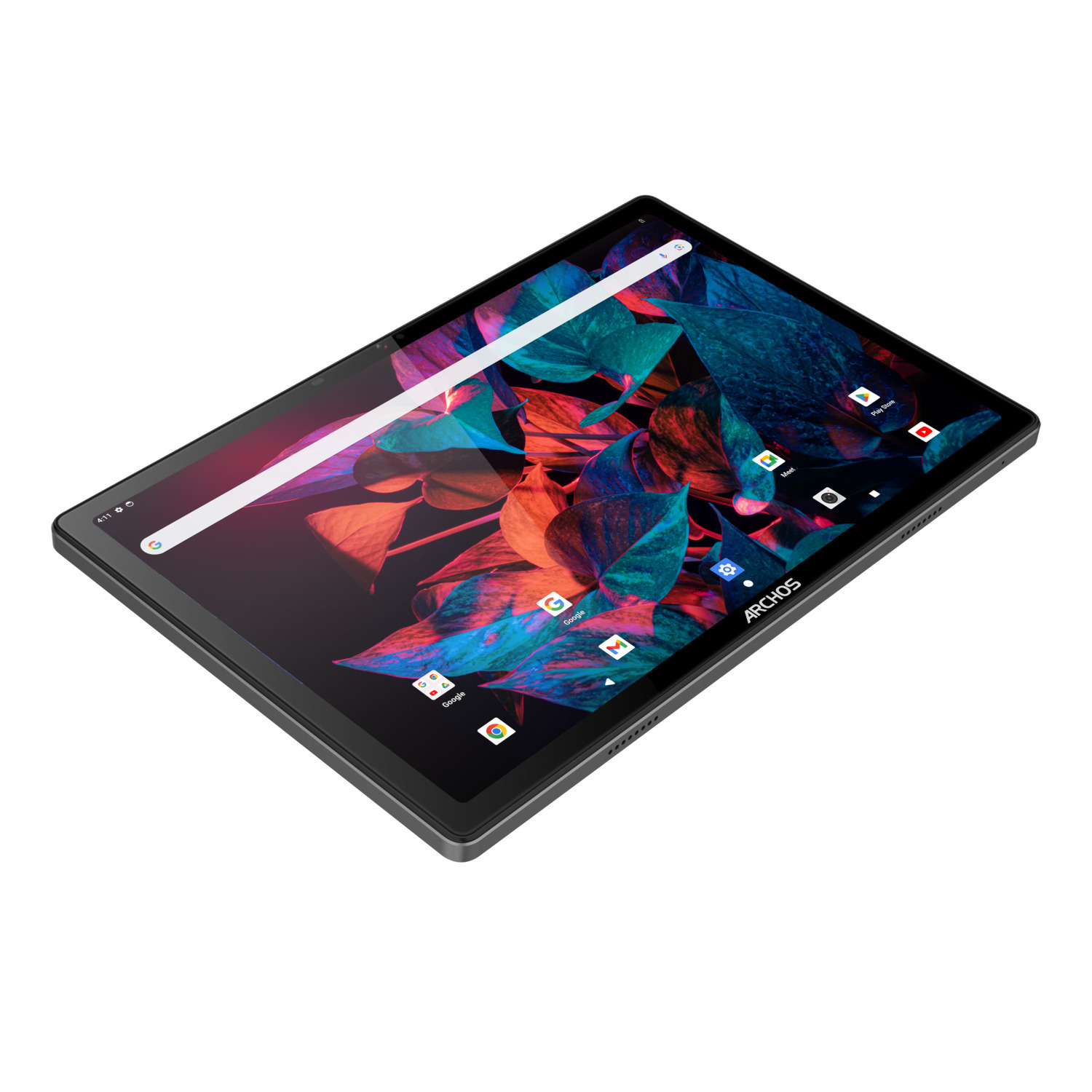 Tablet met een zwart frame, met een kleurrijke abstracte afbeelding op het scherm.